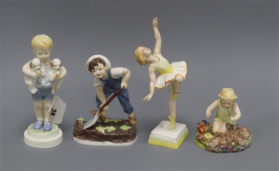 Four Royal Worcester figures: Woodland dance, Tuesdays child, Mondays child and Saturdays child